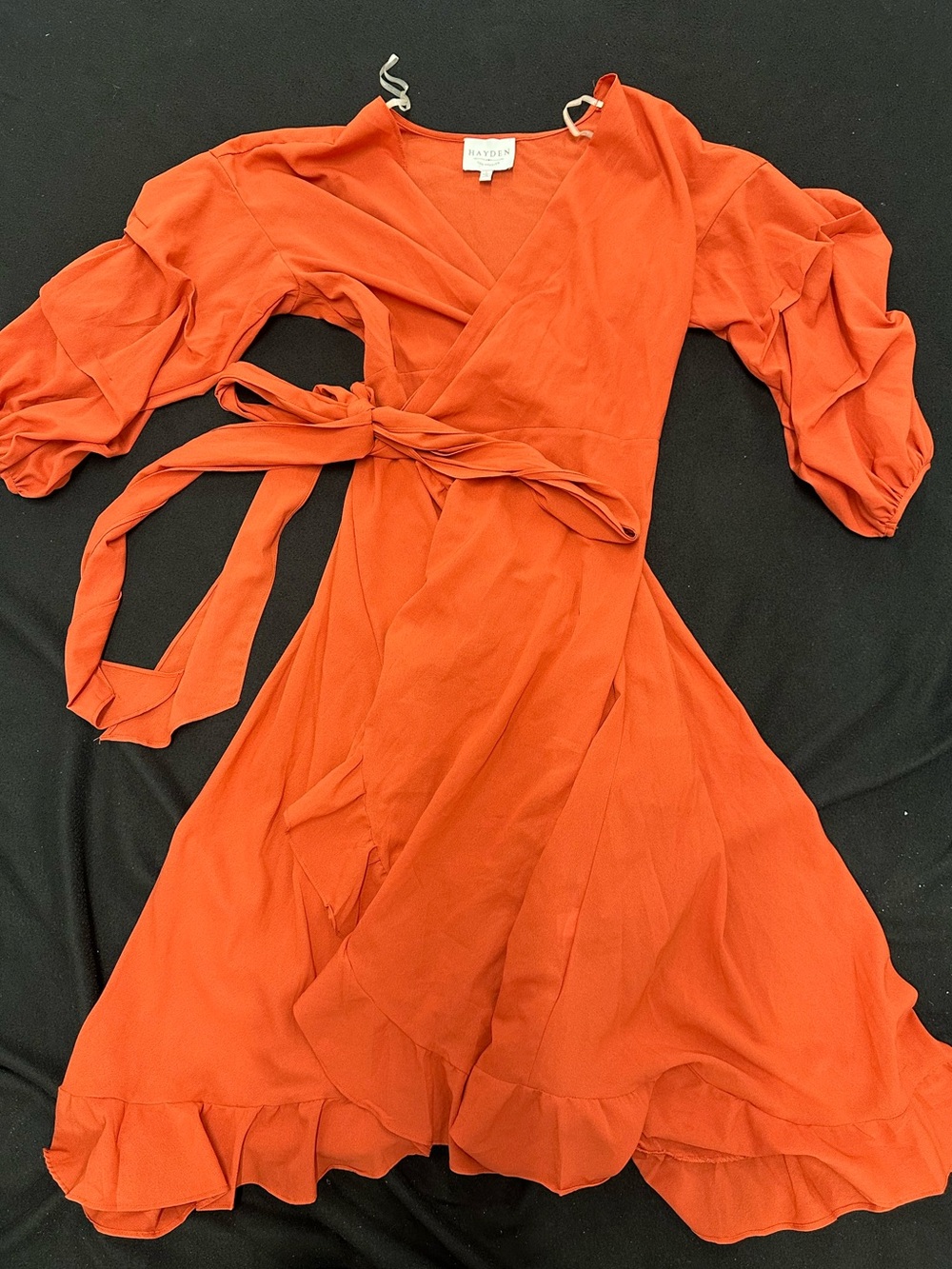 Hayden Burnt Orange Wrap Dress with Puff Sleeves-L
